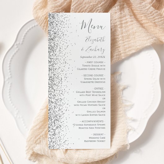 Moderne White Silver Glitzer Edge Wedding Menükarte