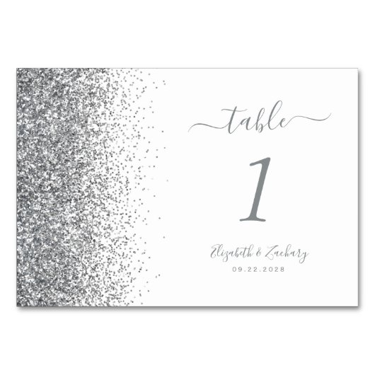 Moderne White Silver Glitzer Edge Wedding Tischnummer (Rückseite)