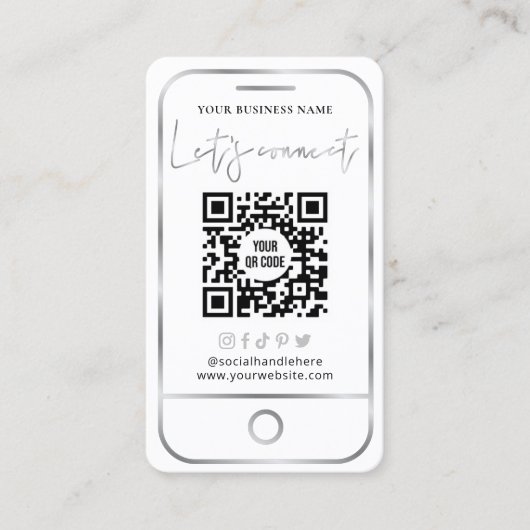 Moderne White & Silver QR Code Social Media Visitenkarte (Vorderseite)