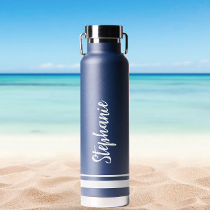 Moderne White Stripes Navy Hochzeitwasserflasche Trinkflasche