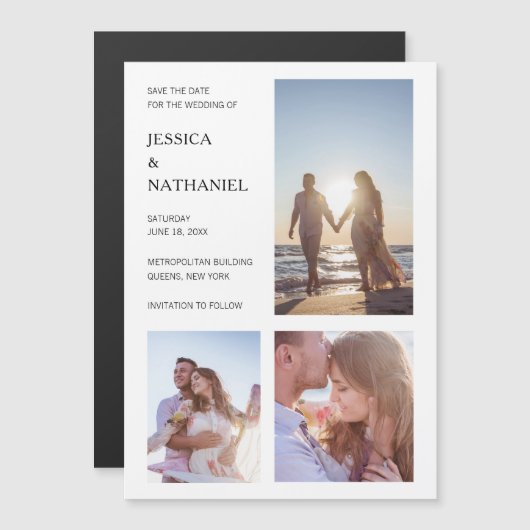 Moderne White Three Fotos Collage Save the Date Magneteinladung (Vorne/Hinten)