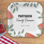 Moderne Wiedersehen Summer Tree Pappteller<br><div class="desc">Diese modernen Wiedersehen-Papier-Teller der Familie bieten eine sommerliche thematische Grenze von Zweigen grüner Blätter und Keilen von Wassermelonen. Dieses skurrile Design ist perfekt für ein Sommerpicknick im Freien.</div>