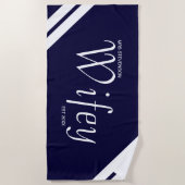 Moderne Wifey Script Navy und White Strips Strandtuch (Vorderseite)