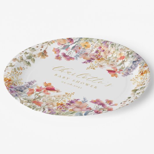 Moderne Wildblume Babydusche Pappteller (Schrägansicht)