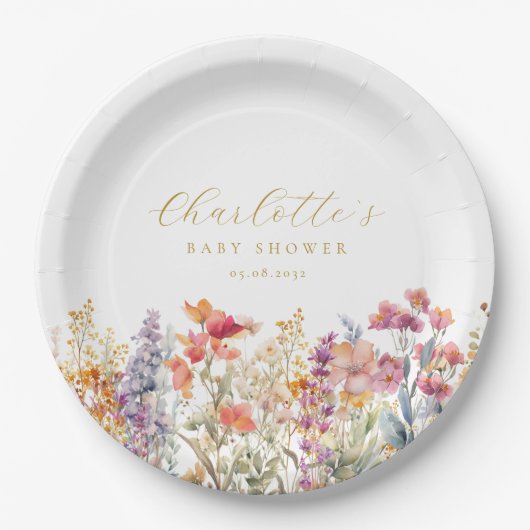 Moderne Wildblume Babydusche Pappteller (Vorderseite)