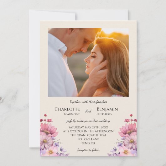 Moderne Wildblume Beige Classic Foto Hochzeit Einladung (Vorderseite)
