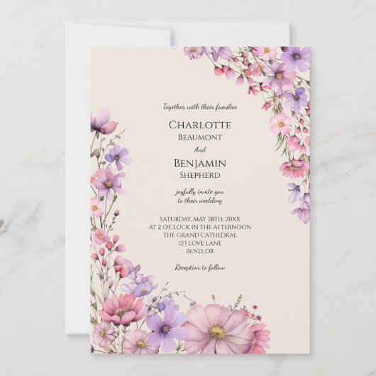 Moderne Wildblume Beige Foto Hochzeit Einladung (Vorderseite)
