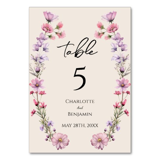 Moderne Wildblume Beige Hochzeit Tischnummer (Rückseite)