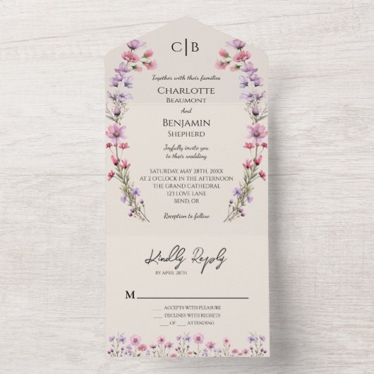 Moderne Wildblume Beige Klassische Hochzeit All In One Einladung (Innen Boden)
