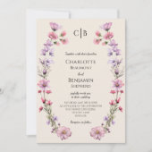 Moderne Wildblume Beige Monogram Hochzeit Einladung (Vorderseite)