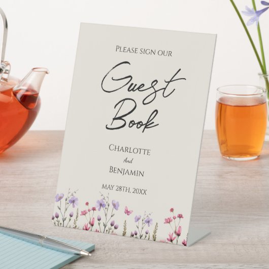 Moderne Wildblume Beige Wedding Guest Book Sign Sockelschild (In Situ)