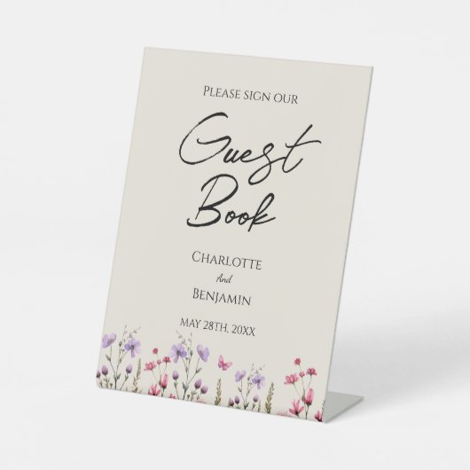 Moderne Wildblume Beige Wedding Guest Book Sign Sockelschild (Vorderseite)