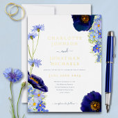 Moderne Wildblume Blau und Gold Folie Einladungspostkarte