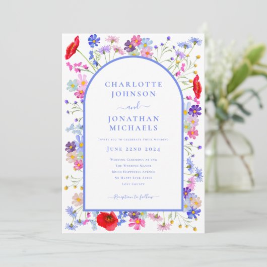 Moderne Wildblume Blue Arch Website QR Code Einladung (Stehend Vorderseite)