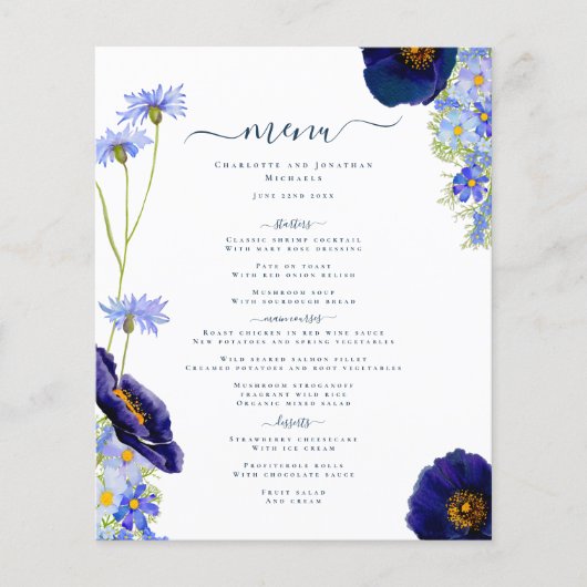 Moderne Wildblume Blue Boho Wedding Menu (Vorderseite)