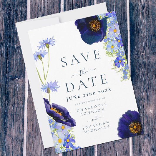 Moderne Wildblume Blue Boho Wedding Save The Date