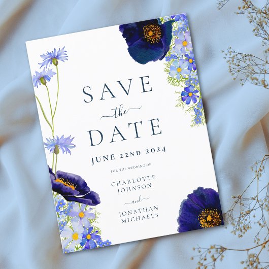 Moderne Wildblume Blue Boho Wedding Save The Date