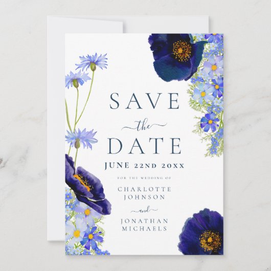 Moderne Wildblume Blue Boho Wedding Save The Date (Vorderseite)