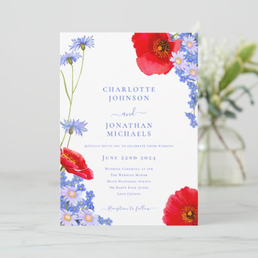 Moderne Wildblume Blue Wedding Einladung (Stehend Vorderseite)