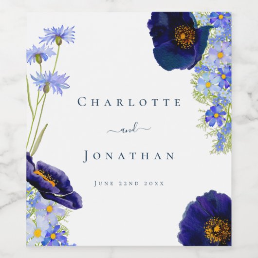 Moderne Wildblume Blue Wedding Weinetikett (Einzelnes Label)