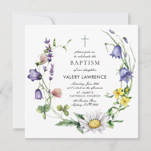 Moderne Wildblume Boho Taufe Einladung (Vorderseite)