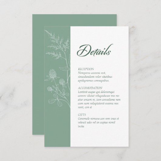 Moderne Wildblume Minimal Sage Green Wedding Begleitkarte (Vorne/Hinten)