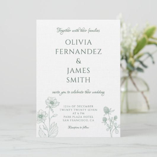 Moderne Wildblume Minimal Sage Green Wedding Einladung (Stehend Vorderseite)
