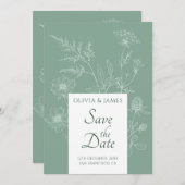 Moderne Wildblume Minimal Sage Green Wedding Save The Date (Vorne/Hinten)