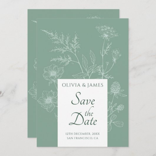 Moderne Wildblume Minimal Sage Green Wedding Save The Date (Vorne/Hinten)