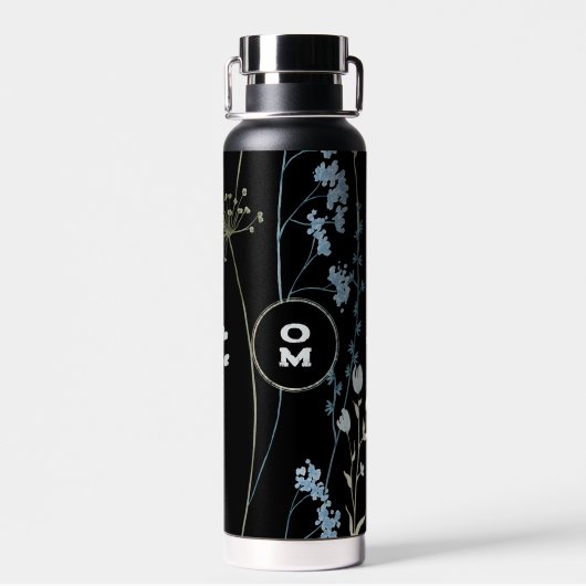 Moderne Wildblume Monogram Black Light Blue Large Trinkflasche (Rückseite)