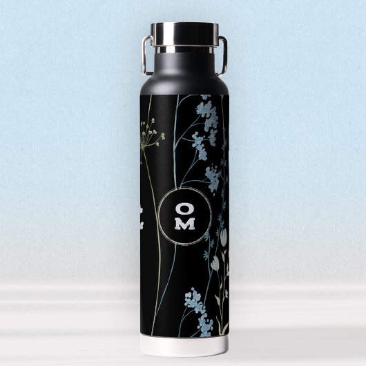 Moderne Wildblume Monogram Black Light Blue Large Trinkflasche