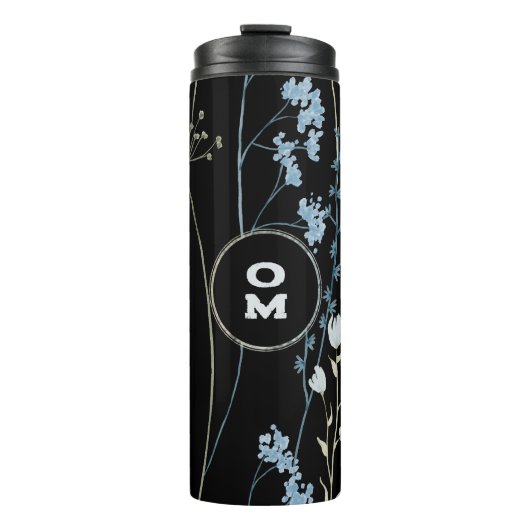 Moderne Wildblume Monogram Black Light Blue Thermosbecher (Vorderseite)