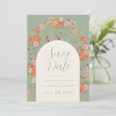 Moderne Wildblume Sage Green Foto Arch Wedding Save The Date (Stehend Vorderseite)