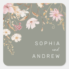 Moderne Wildblume | Sage Green Garden Wedding Quadratischer Aufkleber