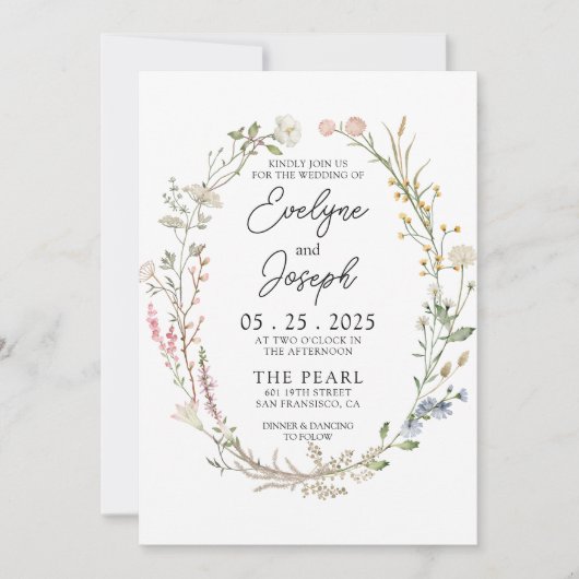 Moderne Wildblume Whimsical Floral Wreath Wedding Einladung (Vorderseite)