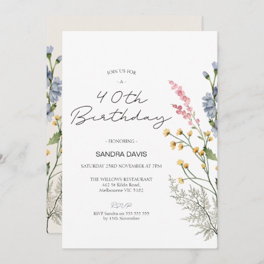 Moderne Wildblumen 40. Geburtstag Einladung (Vorne/Hinten)