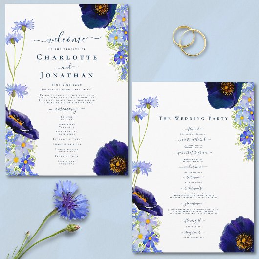 Moderne Wildblumen Blaue Hochzeitstag Programm