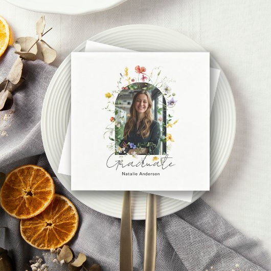 Moderne Wildblumen-Bogen-Foto Weiße Abschlussfeier Serviette