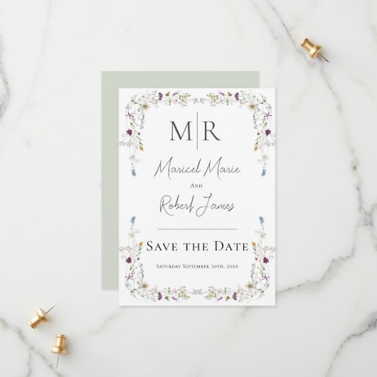 Moderne Wildblumen Mongram Grüne Hochzeit Save The Date (Vorderseite/Rückseite Beispiel)