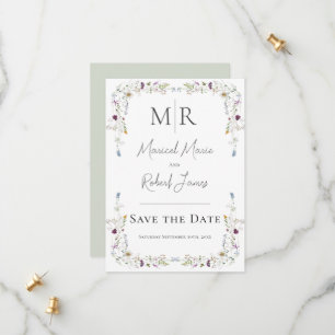 Moderne Wildblumen Mongram Grüne Hochzeit Save The Date