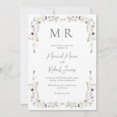 Moderne Wildblumen Monogram Blue Wedding Einladung (Vorderseite)