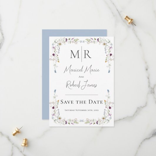Moderne Wildblumen Monogram Blue Wedding Save The Date (Vorderseite/Rückseite Beispiel)