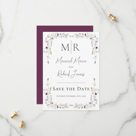Moderne Wildblumen Monogram Burgundy Wedding Save The Date (Vorderseite/Rückseite Beispiel)