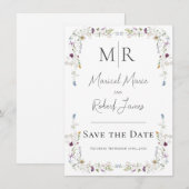 Moderne Wildblumen Monogram White Wedding Save The Date (Vorne/Hinten)