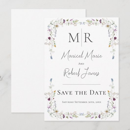 Moderne Wildblumen Monogram White Wedding Save The Date (Vorne/Hinten)