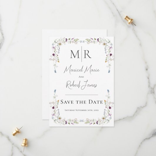 Moderne Wildblumen Monogram White Wedding Save The Date (Vorderseite/Rückseite Beispiel)