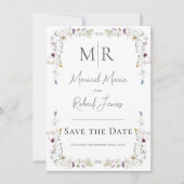 Moderne Wildblumen Monogram White Wedding Save The Date (Vorderseite)
