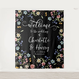 Moderne Wildblumen Schwarze Hochzeit Begrüßungsgru Wandteppich