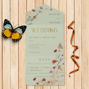 Moderne Wildblumenbouquet im Salbeigrün fürs Abend All In One Einladung