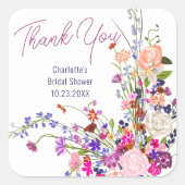 Moderne wilde Blume danke Ihnen Brautparty Quadratischer Aufkleber (Vorderseite)